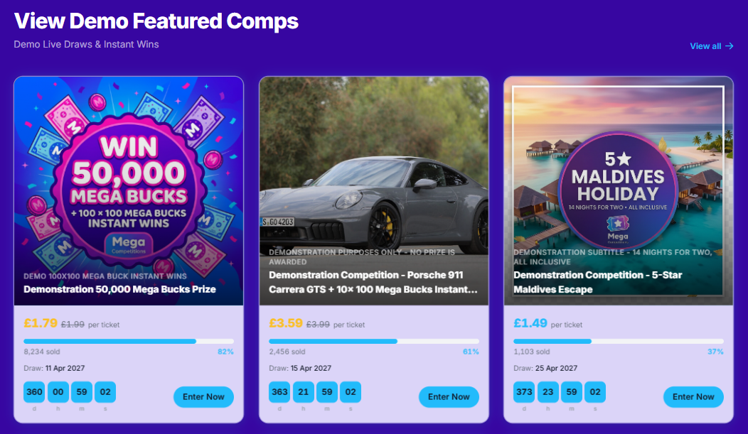 Competition cards on the public storefront showing ticket prices, progress bars, and countdown timers