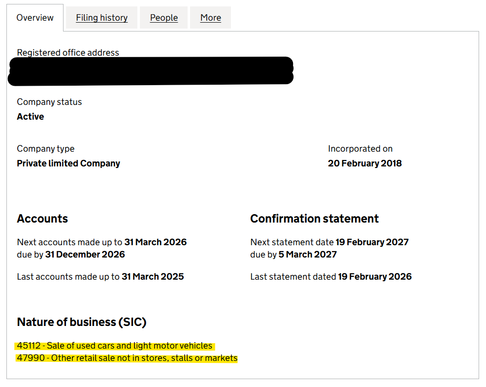 Example Companies House company information page showing registered address and SIC codes