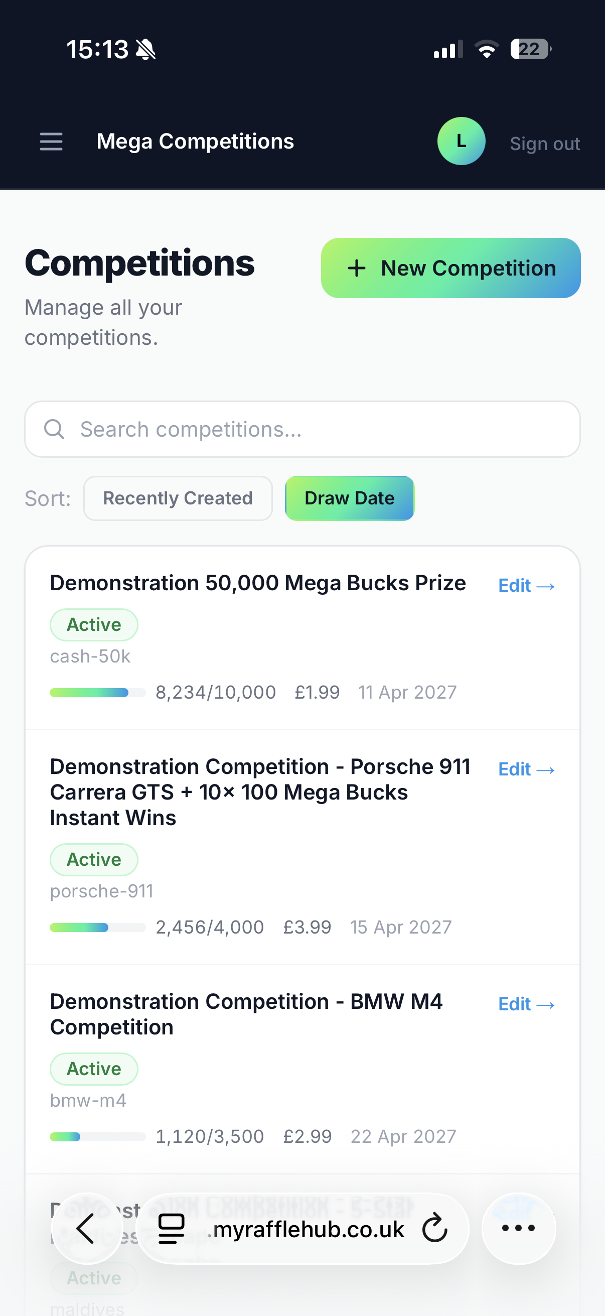 Competition page as seen by a customer on mobile